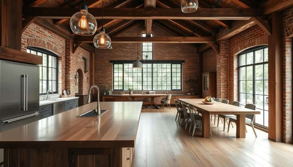 An industrial chic barndominium kitchen with a warm, inviting ambiance. The foreground features a large, rustic wooden island with a sleek, modern countertop, complemented by vintage-inspired pendant lights overhead. In the middle ground, exposed brick walls and distressed wood beams create a stunning contrast, while a large, industrial-style window floods the space with natural light. The background showcases a cozy dining area with a long wooden table and mismatched vintage chairs, all set against a backdrop of lush greenery visible through the window. The overall atmosphere radiates a perfect blend of old and new, evoking a sense of rustic sophistication.