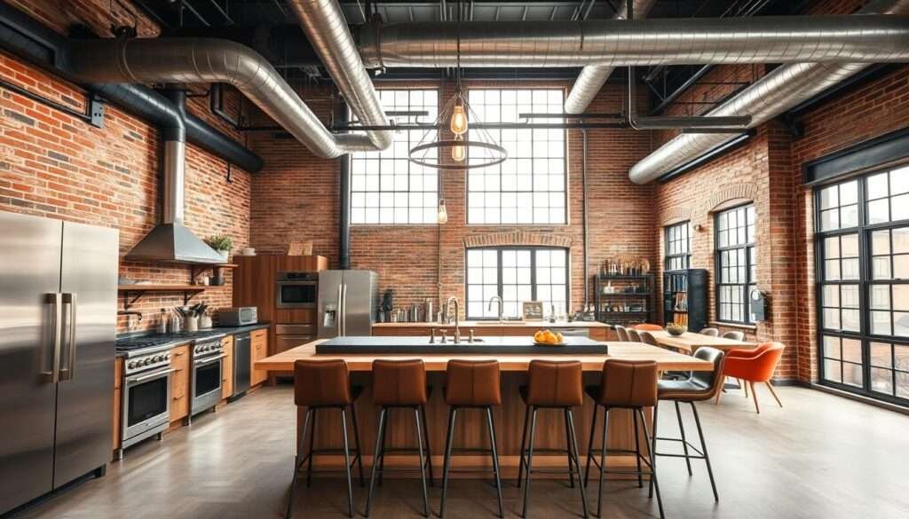 An industrial interior design setting with a warm, inviting ambiance. A spacious, open-concept kitchen with exposed brick walls, high ceilings, and large windows that flood the space with natural light. Sleek, modern stainless-steel appliances and fixtures contrast with the rustic wooden cabinetry and countertops. A central island serves as the focal point, surrounded by comfortable, leather-upholstered bar stools. Overhead, a statement-making pendant light fixture casts a soft, golden glow, complementing the exposed ductwork and steel beams. The overall atmosphere is one of sophisticated, yet cozy, industrial chic.