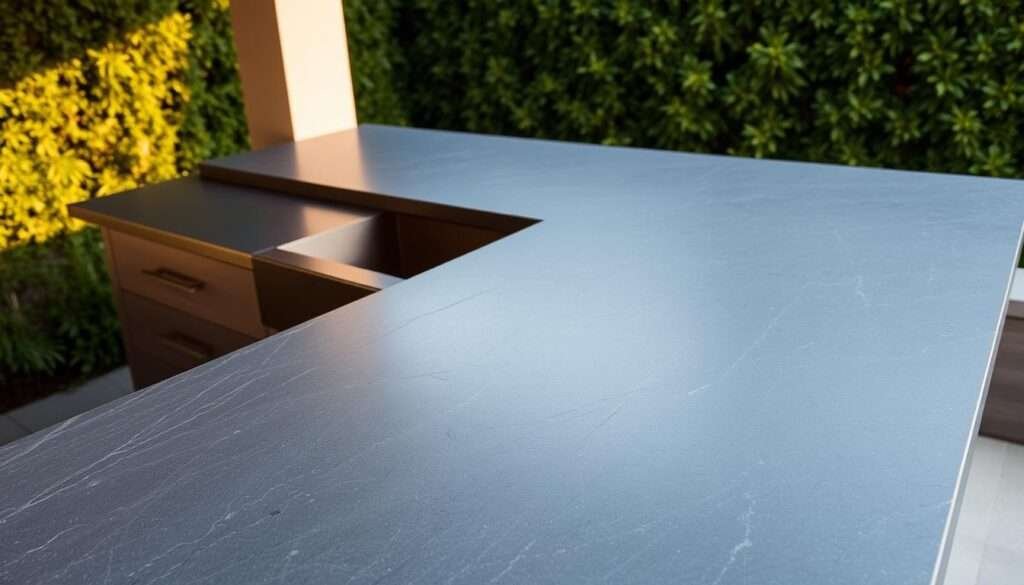 An outdoor kitchen countertop crafted from rugged slate, its surface textured with subtle striations and natural variations. The countertop is positioned against a backdrop of lush greenery, with a warm, golden light casting a gentle glow across the slate's cool, muted tones. The layout showcases the material's inherent beauty, with a sleek, minimalist design that emphasizes the countertop's unique character. The scene conveys a sense of refined, yet relaxed sophistication, inviting the viewer to imagine preparing meals and entertaining in this elevated outdoor space.