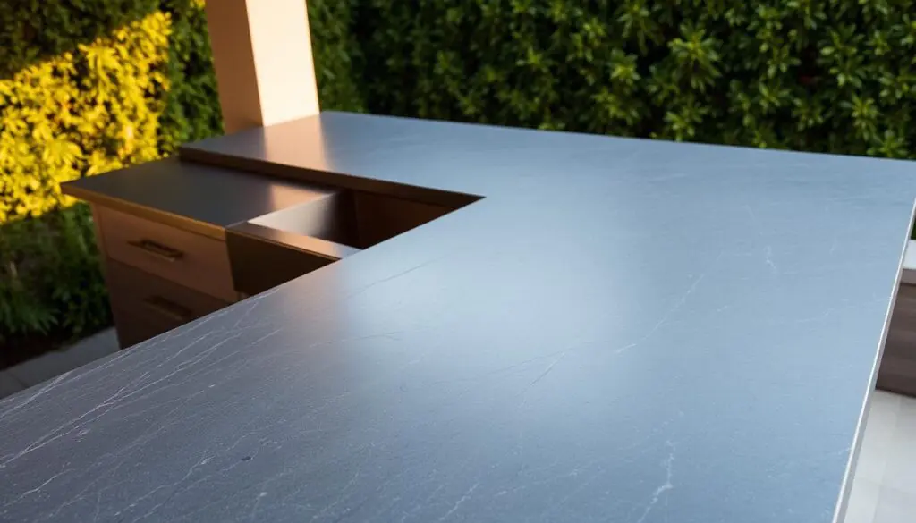 An outdoor kitchen countertop crafted from rugged slate, its surface textured with subtle striations and natural variations. The countertop is positioned against a backdrop of lush greenery, with a warm, golden light casting a gentle glow across the slate's cool, muted tones. The layout showcases the material's inherent beauty, with a sleek, minimalist design that emphasizes the countertop's unique character. The scene conveys a sense of refined, yet relaxed sophistication, inviting the viewer to imagine preparing meals and entertaining in this elevated outdoor space.