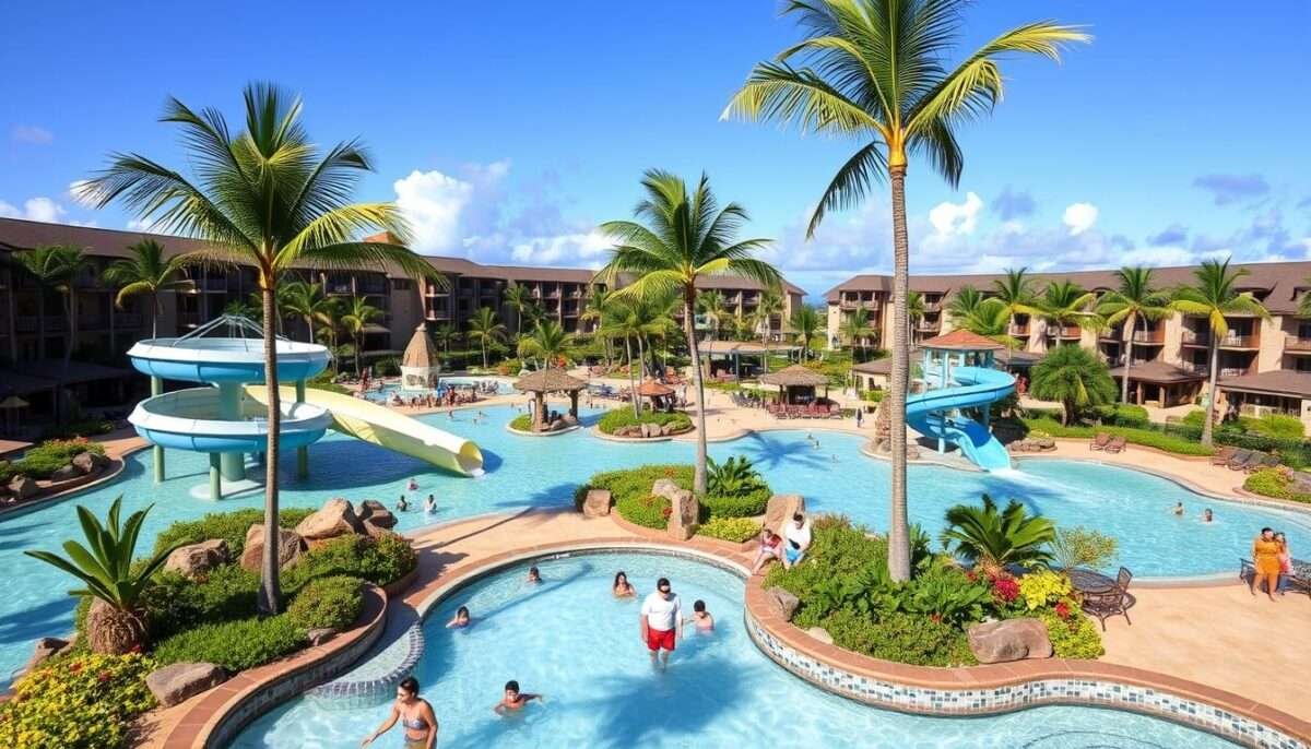 Aulani Disney Resort pool area with water slides and lazy river, one of the best Hawaii resorts for families