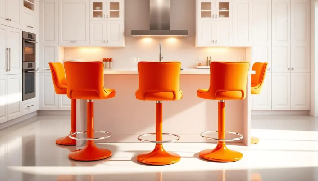 Bright orange, plush swivel stools with a smooth, glossy finish. Placed in a modern, minimalist kitchen setting with white cabinets and countertops. Warm, diffused lighting casts a soft glow, highlighting the vivid hue of the stools. The stools are positioned around a sleek, rectangular kitchen island, inviting guests to sit and interact. The overall scene conveys a welcoming, vibrant atmosphere, perfect for socializing and entertaining.