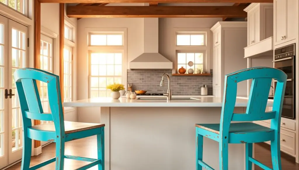 Bright, turquoise bar chairs with a coastal, beachy vibe, designed for a chic, modern kitchen. The chairs have a sleek, minimalist silhouette with a curved backrest and a weathered, distressed finish that evokes the laidback charm of a seaside retreat. Warm, golden light filters through large windows, casting a soft glow over the chairs and creating a cozy, inviting atmosphere. The chairs are arranged around a white, marble-topped kitchen island, complemented by exposed wooden beams and a tile backsplash in muted shades of blue and gray. This scene exudes a sense of effortless sophistication, perfectly suited for a stylish, coastal-inspired kitchen.