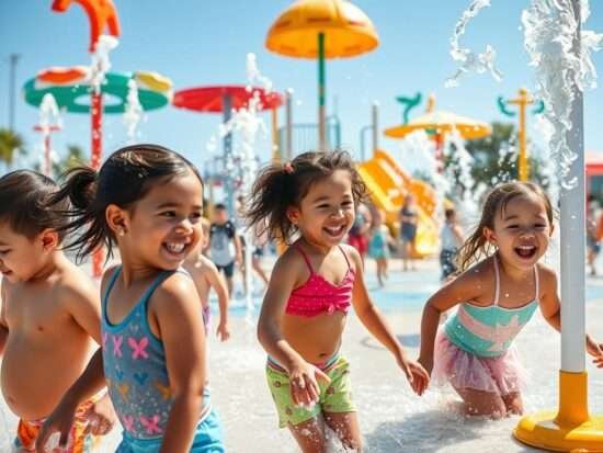 Children playing at a water park splash pad for 2025 Summer Bucket List