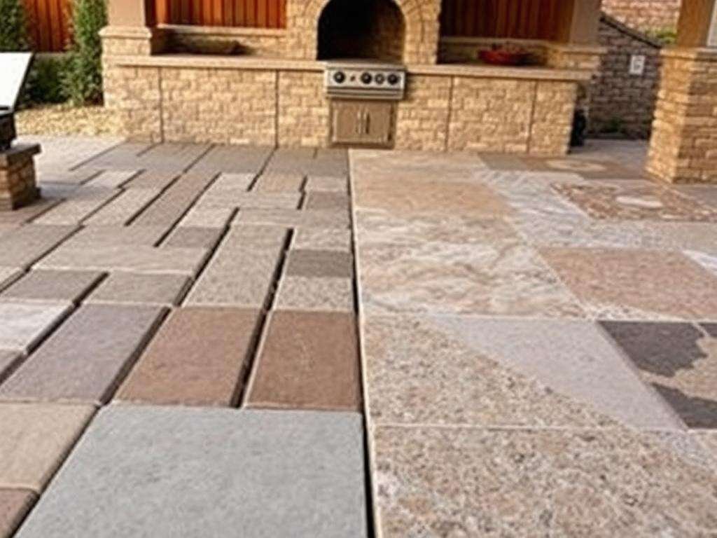 Close-up of outdoor kitchen flooring options with pizza oven visible in background Close-up of outdoor kitchen flooring options with pizza oven visible in background