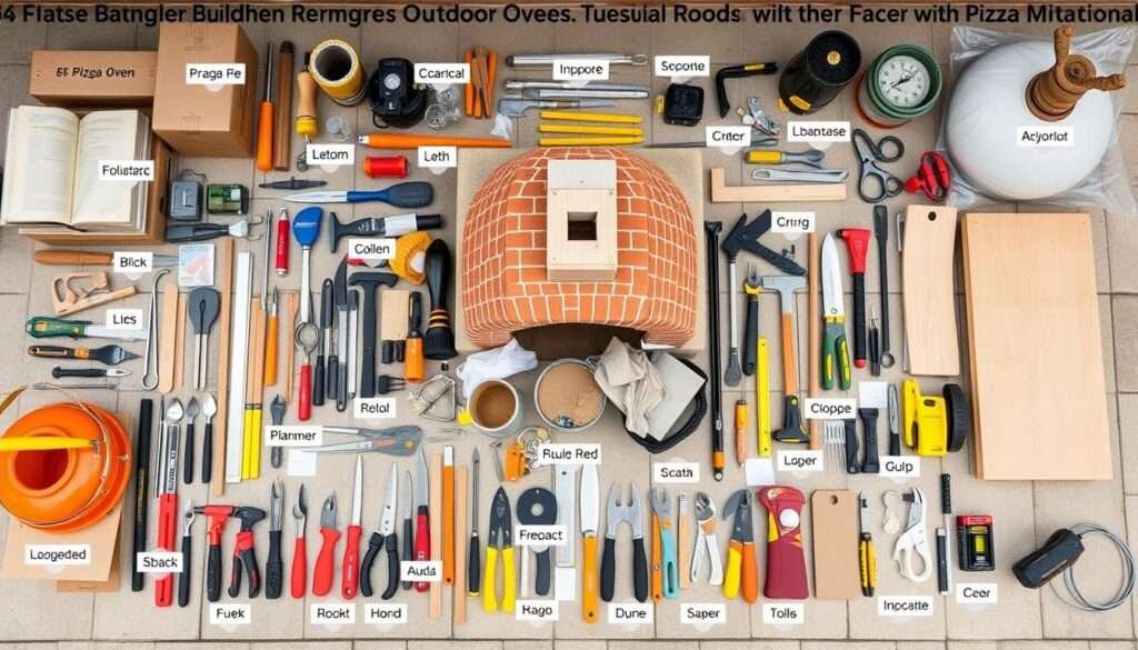 Complete set of tools and materials needed for building an outdoor kitchen with pizza oven Complete set of tools and materials needed for building an outdoor kitchen with pizza oven