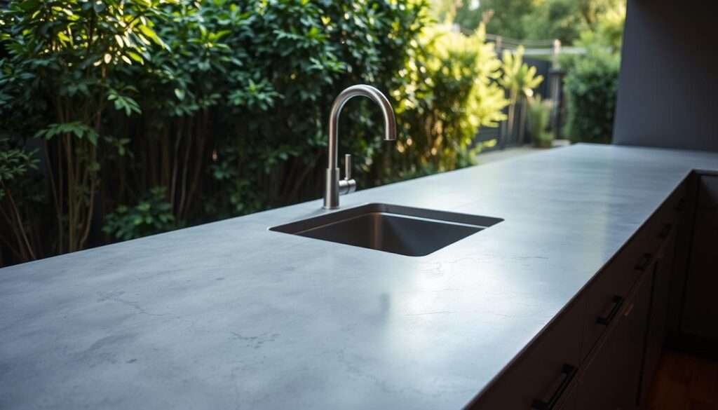 Concrete outdoor kitchen countertops, smooth and weathered, with a matte finish that captures the industrial chic aesthetic. The countertop is set against a backdrop of lush greenery, with a sleek stainless steel sink and faucet integrated seamlessly. The lighting is soft and diffused, creating a warm, inviting atmosphere. The angle showcases the countertop's unique texture and the way it complements the surrounding outdoor environment. The overall scene exudes a sense of modern, minimalist sophistication, perfectly suited for the "Concrete Countertops: Customizable and Bold" section of the article.