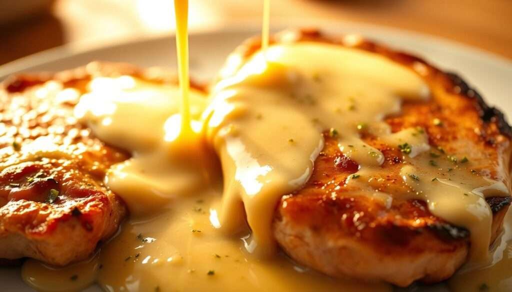 Creamy and luscious garlic-infused butter sauce dripping over perfectly seared pork chops, bathed in a warm, inviting light. In the foreground, the tender, juicy chops glisten, their edges caramelized to a golden-brown. Swirls of the velvety sauce pool around the meat, beckoning to be mopped up with a crusty piece of bread. The middle ground features a rich, creamy texture, with hints of minced garlic and fragrant herbs. The background is softly blurred, allowing the star of the dish to take center stage. The overall scene evokes a cozy, intimate atmosphere, perfect for a satisfying keto-friendly meal.