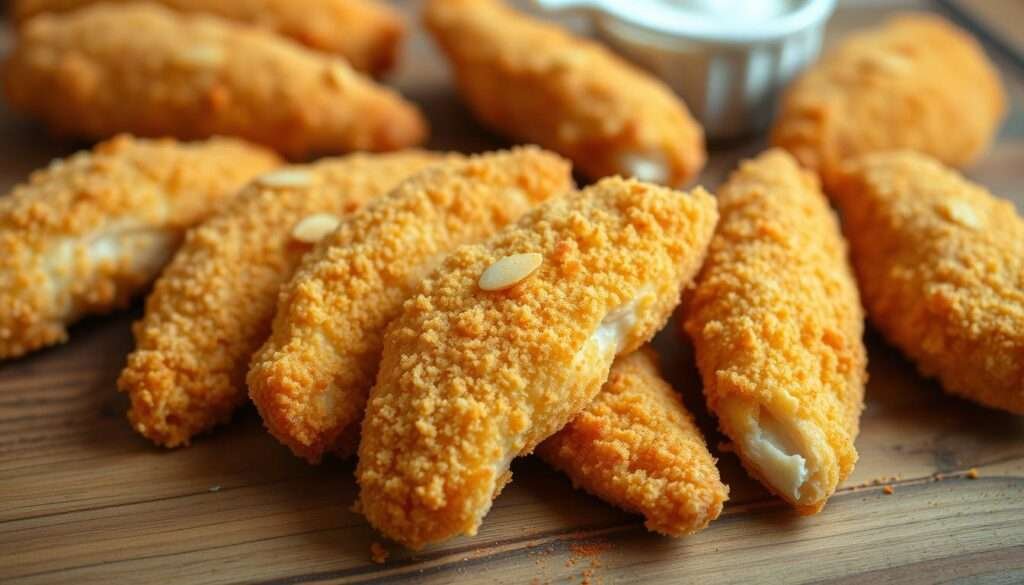 Crisp, golden-brown almond flour-crusted chicken tenders, arranged in a natural, appetizing composition on a rustic wooden surface. Soft, even lighting highlights the tender, juicy chicken interior and the delicate, crunchy exterior. The tenders are lightly dusted with a hint of paprika, adding depth of color and a subtle smoky aroma. The scene evokes a homemade, artisanal quality, with a focus on the preparation aspect of the recipe. The background is softly blurred, allowing the viewer to concentrate on the mouthwatering chicken tenders in the foreground.