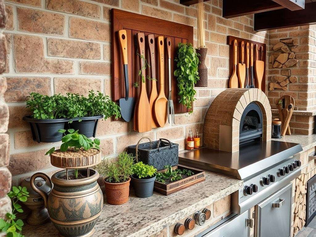 Decorative elements for outdoor kitchens with pizza ovens including herb gardens and custom tool displays Decorative elements for outdoor kitchens with pizza ovens including herb gardens and custom tool displays