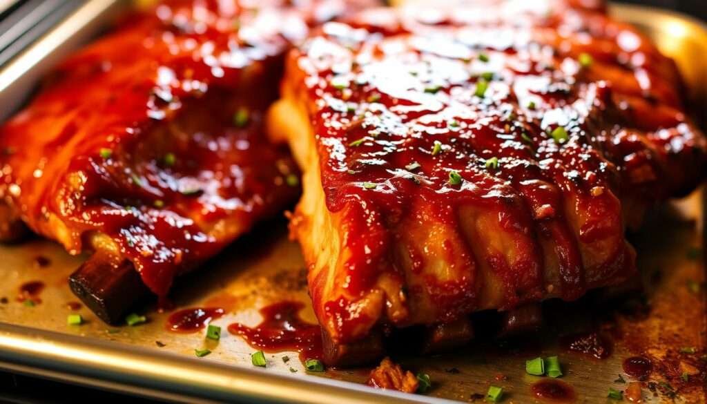 Delectable, golden-brown baked ribs, fresh from the oven, glistening with a tantalizing barbecue glaze. Emanating a mouthwatering aroma, the ribs sit atop a metal baking tray, the oven's warm glow illuminating their succulent texture. Crisp, caramelized edges contrast with the tender, juicy meat that falls off the bone effortlessly. Artfully arranged, the ribs are complemented by a scattering of fresh herbs, adding a touch of vibrant color and aromatic complexity. The scene exudes a comforting, homey atmosphere, inviting the viewer to savor the perfect balance of flavors and textures. A masterfully executed oven-baked ribs technique, showcasing the delicious potential of this beloved barbecue classic.