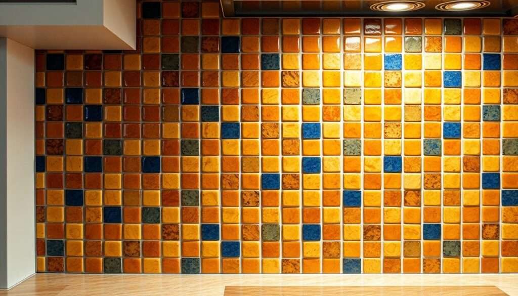 Detailed Spanish Mediterranean tile backsplash in an upscale kitchen. Intricate mosaic pattern of warm, earthy tones - terracotta, mustard, olive green, cobalt blue. Glossy, textured tiles arranged in a classic grid layout, reflecting soft, directional lighting from above. Elegant, timeless design that seamlessly blends rustic and refined elements. Crisp, high-resolution image captured at a slight diagonal angle to showcase the depth and richness of the backsplash surface. Evokes a sense of old-world charm and Mediterranean ambiance, complementing the overall kitchen aesthetic.