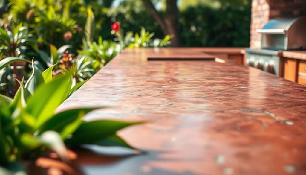 Detailed copper outdoor kitchen countertops surrounded by lush greenery under warm, natural daylight. The countertops have a rich, textured patina with subtle variations in tone and highlights, creating a sense of depth and character. The composition features the countertops prominently in the foreground, with a blurred, organic background of vibrant plants and trees, conveying a serene, inviting atmosphere. The lighting is soft and diffused, casting gentle shadows that accentuate the countertops' shape and materiality. The camera angle is slightly elevated, allowing the viewer to appreciate the countertops' expanse and create a sense of depth and perspective.