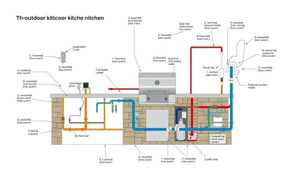 Diagram showing utility connections for an outdoor kitchen with pizza oven Diagram showing utility connections for an outdoor kitchen with pizza oven