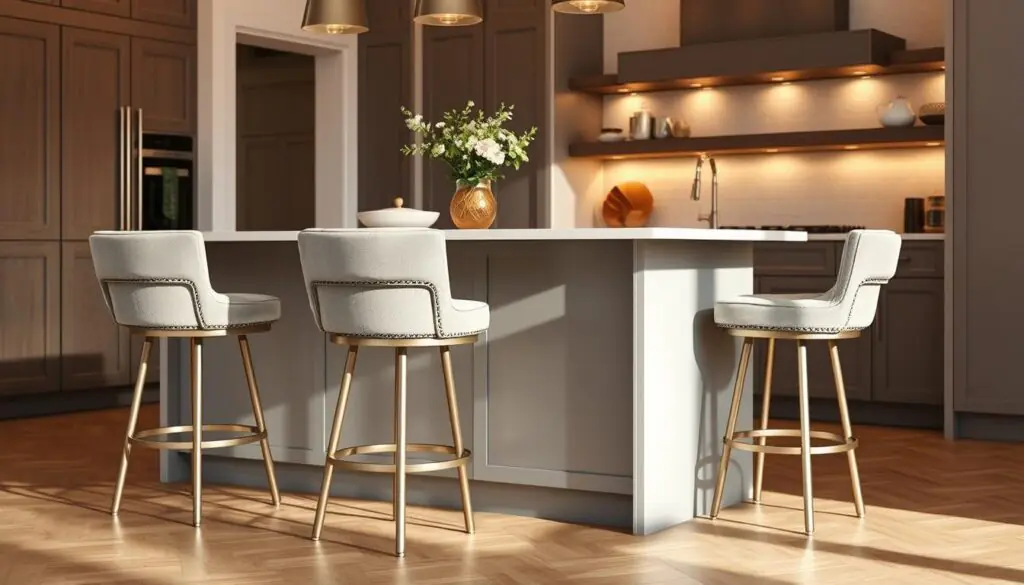 Elegant gray kitchen island stools with soft, plush upholstery in a warm, inviting kitchen. The stools are positioned around a sleek, modern gray island with clean lines and a smooth, polished surface. Warm, natural lighting casts a gentle glow, highlighting the textural details of the upholstery and the subtle sheen of the island. The overall atmosphere is one of refined sophistication and effortless style, creating a welcoming and visually appealing space.