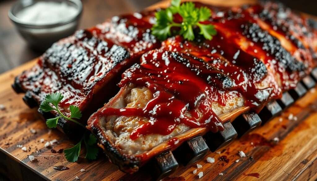 Expertly grilled, fall-off-the-bone pork ribs glistening with a mouthwatering, tangy barbecue sauce. Charred, caramelized edges and a tender, juicy center. Arranged on a rustic wooden cutting board, the ribs are complemented by a vibrant garnish of fresh parsley and a sprinkle of coarse sea salt. Warm, dramatic lighting casts an inviting glow, highlighting the rich, smoky flavors. A high-resolution, close-up composition captures every succulent detail, drawing the viewer's attention to the pinnacle of tender, flavorful ribs.