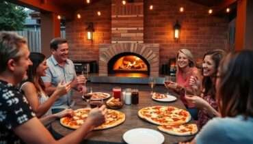 Family enjoying pizza from their completed outdoor kitchen with pizza oven
