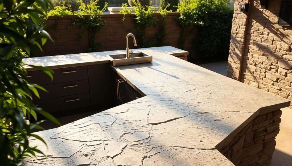 Flagstone outdoor kitchen counters, a natural and earthy marvel. Set in a warm, sunlit patio, the rugged flagstone slabs stretch across a sleek, modern kitchen island. Soft shadows dance across the textured surface, highlighting the unique patterns and variations of each stone. Lush greenery frames the scene, creating a harmonious blend of nature and sophisticated design. The lighting is soft and diffused, casting a warm glow and accentuating the rich tones of the flagstone. Capture the beauty of this timeless and inviting outdoor kitchen setup, a perfect blend of rustic charm and contemporary elegance.