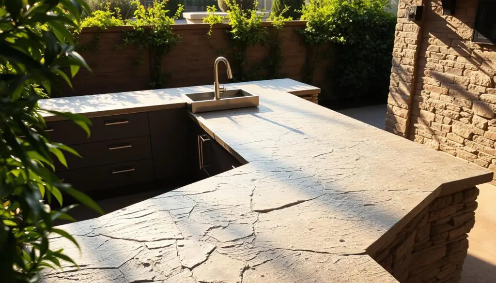 Flagstone outdoor kitchen counters, a natural and earthy marvel. Set in a warm, sunlit patio, the rugged flagstone slabs stretch across a sleek, modern kitchen island. Soft shadows dance across the textured surface, highlighting the unique patterns and variations of each stone. Lush greenery frames the scene, creating a harmonious blend of nature and sophisticated design. The lighting is soft and diffused, casting a warm glow and accentuating the rich tones of the flagstone. Capture the beauty of this timeless and inviting outdoor kitchen setup, a perfect blend of rustic charm and contemporary elegance.