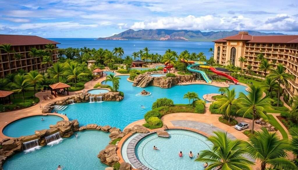 Grand Hyatt Kauai's multilevel pools with water slides and lagoon, one of the best Hawaii resorts for families Grand Hyatt Kauai's multilevel pools with water slides and lagoon, one of the best Hawaii resorts for families