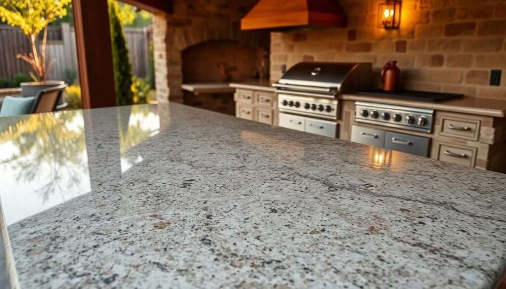 Granite outdoor kitchen countertops with a natural stone texture and subtle veining patterns. Warm, golden lighting casts a soft glow, highlighting the countertop's smooth, polished surface. The image showcases the countertop's impressive durability and timeless elegance, perfectly complementing the rustic, al fresco setting of an outdoor kitchen. The scene is captured from a slightly elevated angle, allowing the viewer to appreciate the countertop's impressive size and seamless integration with the surrounding hardscaping and landscape. An atmosphere of refined luxury and effortless sophistication permeates the image, conveying the high-end, aspirational nature of the granite countertop design.
