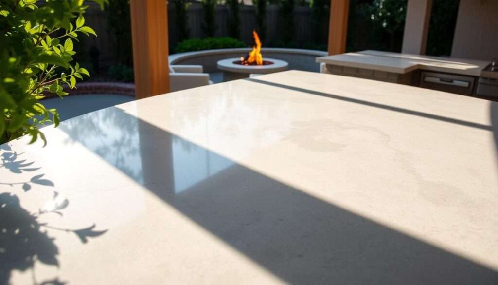 Limestone outdoor kitchen counters, their soft gray hues and subtle veining creating a natural, elegant aesthetic. The sunlit countertop reflects the warm glow of an adjacent fire pit, casting a cozy ambiance across the open-air space. Lush greenery frames the scene, adding depth and a sense of tranquility. The countertop's smooth, honed finish invites the touch, promising a durable, low-maintenance surface for food preparation. Indirect lighting casts a gentle spotlight, highlighting the captivating texture and color variations of the limestone. A high-end, bespoke outdoor kitchen, the limestone counters its refined centerpiece.