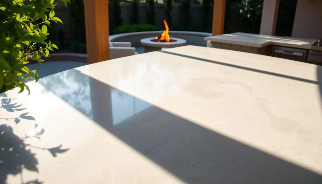 Limestone outdoor kitchen counters, their soft gray hues and subtle veining creating a natural, elegant aesthetic. The sunlit countertop reflects the warm glow of an adjacent fire pit, casting a cozy ambiance across the open-air space. Lush greenery frames the scene, adding depth and a sense of tranquility. The countertop's smooth, honed finish invites the touch, promising a durable, low-maintenance surface for food preparation. Indirect lighting casts a gentle spotlight, highlighting the captivating texture and color variations of the limestone. A high-end, bespoke outdoor kitchen, the limestone counters its refined centerpiece.