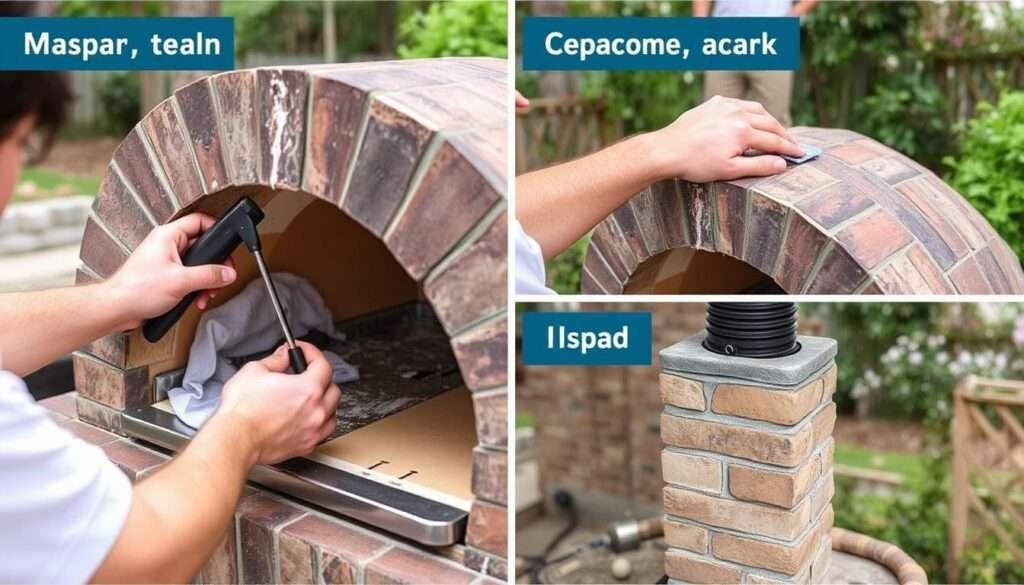 Maintenance of an outdoor pizza oven showing cleaning and inspection Maintenance of an outdoor pizza oven showing cleaning and inspection