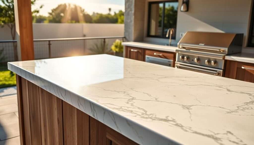 Marble outdoor kitchen countertops, gleaming in the warm afternoon sunlight. A luxurious slab stretches across a modern outdoor kitchen setup, its veined surface reflecting the greenery and blue sky beyond. Smooth, cool to the touch, the marble creates a refined, high-end aesthetic, complemented by sleek stainless steel appliances and accents. The countertop is positioned atop a sturdy, weathered wooden base, blending rustic and contemporary elements seamlessly. Soft shadows play across the surface, adding depth and dimension. An inviting space for alfresco dining and entertaining, this marble-topped outdoor kitchen exudes an air of effortless sophistication.