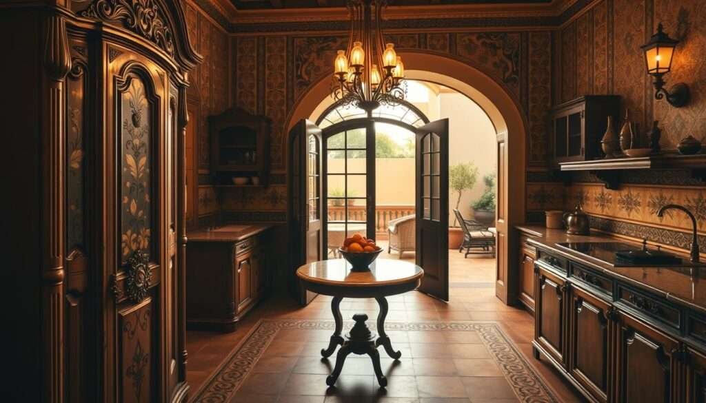 Ornate Spanish Mediterranean kitchen with intricate tile patterns, warm golden lighting, and dramatic shadows. Foreground features an elaborately carved wooden cabinet with hand-painted floral motifs. Midground showcases a small marble-topped table with a wrought-iron chandelier overhead, casting a soft glow. Background reveals a terracotta tile floor and arched doorway leading to an outdoor patio. The overall scene evokes a timeless, elegant ambiance with a touch of old-world Mediterranean charm.