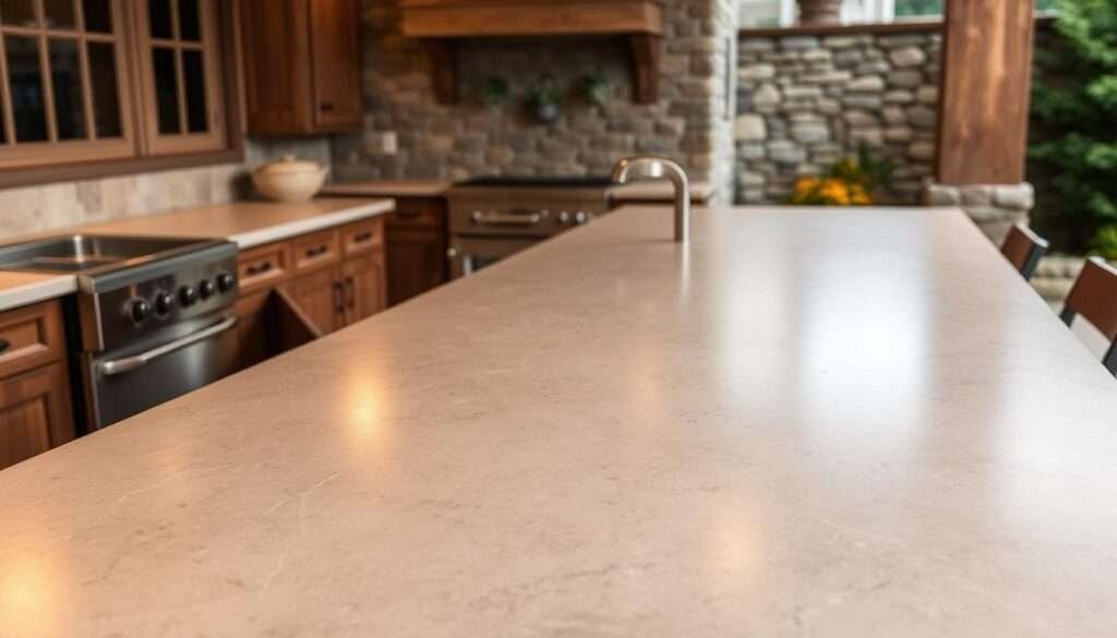 Outdoor kitchen countertop made of soapstone, with a rustic, natural appearance. The surface is smooth and features subtle veining patterns, reflecting the organic quality of the material. Warm, indirect lighting casts a soft glow, creating a cozy and inviting atmosphere. The countertop is set against a backdrop of weathered wood cabinetry and stone walls, blending seamlessly with the earthy, country-style aesthetic. The overall composition emphasizes the timeless charm and durability of soapstone as a high-end choice for outdoor kitchen design.