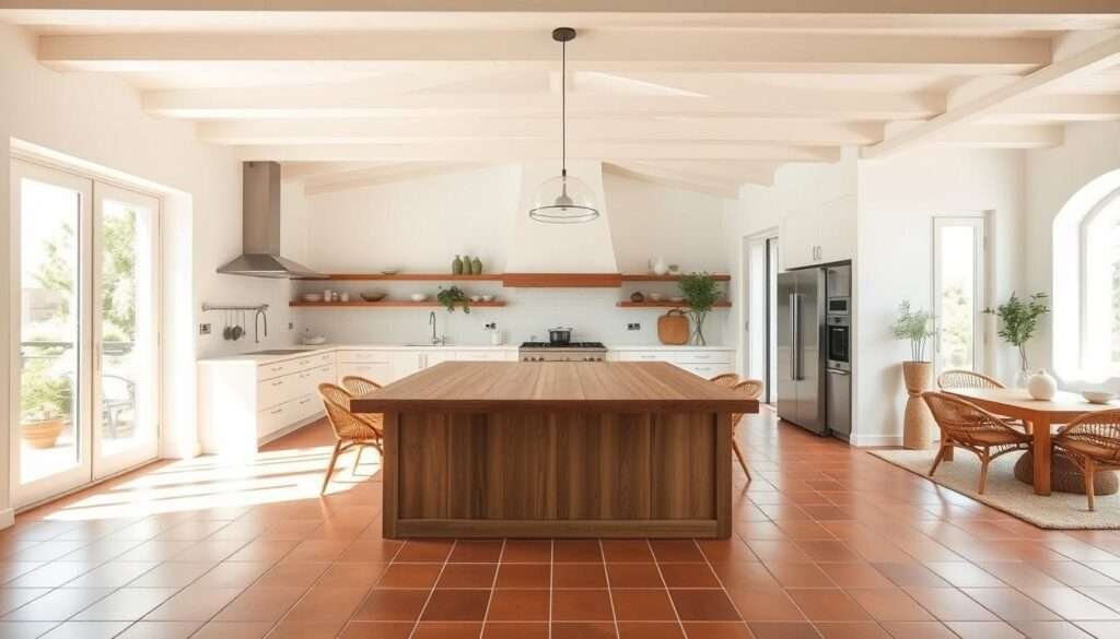 Prompt A bright and airy Mediterranean-style kitchen with an open floor plan. A spacious, light-filled space with warm terracotta tiles underfoot and crisp white walls. In the foreground, a large central island with a wooden countertop serves as the heart of the kitchen, surrounded by sleek, modern stainless-steel appliances. Natural light streams in through large windows, casting a soft glow over the scene. In the middle ground, a cozy dining area with a rustic wooden table and rattan chairs, perfect for family gatherings. In the background, a seamless transition to a living room, creating a harmonious, flow-through layout ideal for a family-friendly home.