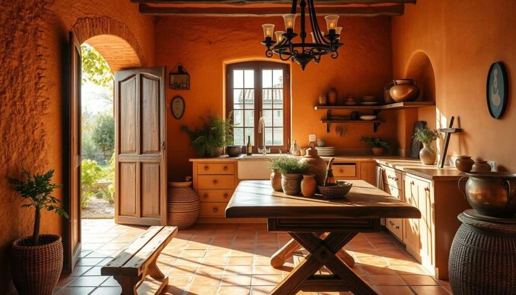 Prompt A cozy Spanish Mediterranean kitchen, bathed in warm afternoon light. A rustic wooden table, adorned with hand-crafted pottery and a bouquet of fragrant herbs. Terracotta tiles line the floor, while a wrought-iron chandelier casts a soft, ambient glow. In the corner, a large window overlooks a lush, sun-dappled garden, inviting the outdoors in. Textured plaster walls, painted in muted ochre tones, create a soothing, timeless atmosphere. Carefully placed decorative elements, such as a woven basket and antique copper pots, add depth and character to the scene. The overall mood is one of relaxed elegance, transporting the viewer to a sun-soaked corner of the Mediterranean.