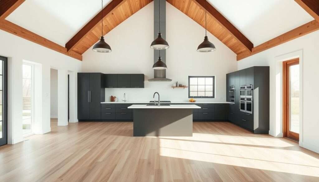 Prompt A spacious, modern barndominium kitchen with a bold, minimalist aesthetic. Crisp white walls and countertops create a clean, airy backdrop, while warm wooden accents on the floors and cabinetry add natural texture. Streamlined, handleless cabinets in a deep charcoal hue provide ample storage with a sleek, seamless look. Overhead, a pair of large industrial-style pendant lights cast a soft, even glow, illuminating the open, inviting space. Natural light streams in through large windows, lending a bright, rejuvenating atmosphere. The kitchen has an elegant, sophisticated ambiance with a touch of rustic charm, perfectly capturing the essence of an inspiring open-concept barndominium design.