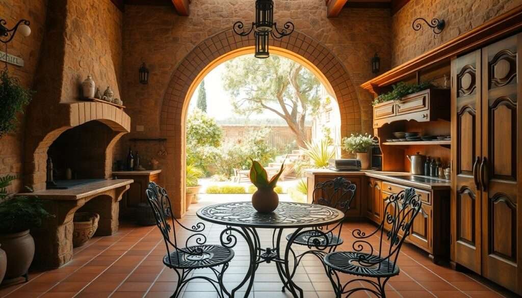Prompt A sun-drenched Spanish Mediterranean indoor-outdoor kitchen, featuring a rustic stone exterior and warm, terracotta tiled flooring. A large arched window frames the view of a lush, verdant courtyard garden beyond. The kitchen is outfitted with a wood-fired oven, wrought-iron light fixtures, and hand-carved wooden cabinetry. Soft natural light filters in, casting a golden glow over the space. A wrought-iron bistro set invites alfresco dining, blurring the boundary between indoors and out. The atmosphere evokes a sense of laid-back living and seamless integration with the surrounding landscape.