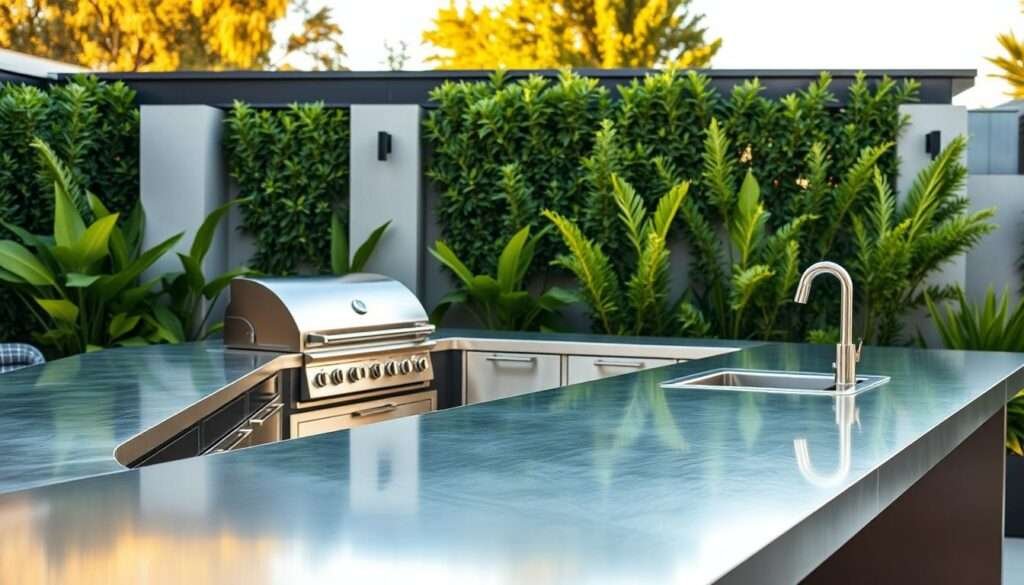 Sleek stainless steel outdoor kitchen countertops set against a backdrop of lush greenery and a modern, minimalist architectural design. The countertops gleam under warm, natural lighting, their smooth, brushed surface reflecting the surrounding environment. The layout is thoughtfully arranged, with clean lines and a seamless flow between the various kitchen elements. The overall atmosphere exudes a sense of sophistication and timeless elegance, perfectly suited for a high-end outdoor living space.
