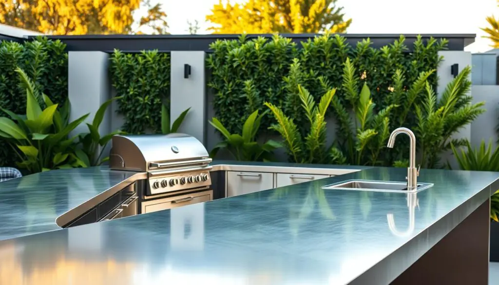 Sleek stainless steel outdoor kitchen countertops set against a backdrop of lush greenery and a modern, minimalist architectural design. The countertops gleam under warm, natural lighting, their smooth, brushed surface reflecting the surrounding environment. The layout is thoughtfully arranged, with clean lines and a seamless flow between the various kitchen elements. The overall atmosphere exudes a sense of sophistication and timeless elegance, perfectly suited for a high-end outdoor living space.