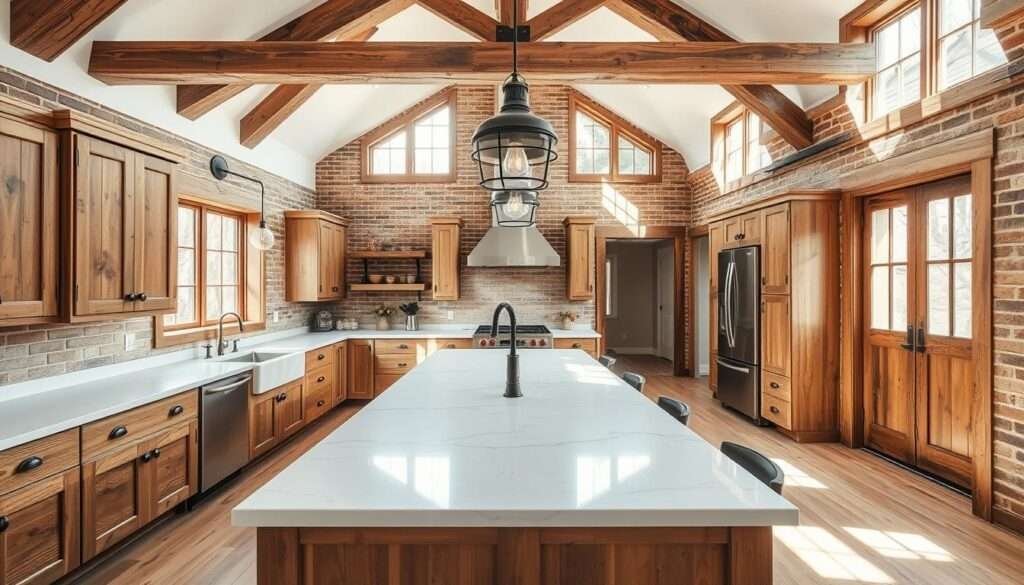 Stylish barndominium kitchen featuring sleek countertops, rustic wood cabinetry, and warm earthy tones. Sunlight streams through large windows, creating a bright and airy atmosphere. The kitchen island is topped with a stunning quartz or marble slab, complemented by vintage-inspired pendant lights overhead. Weathered wood beams and exposed brick walls add texture and character, while stainless steel appliances provide a modern touch. The overall design seamlessly blends farmhouse charm and contemporary elegance, creating a breathtaking and inviting cooking space.
