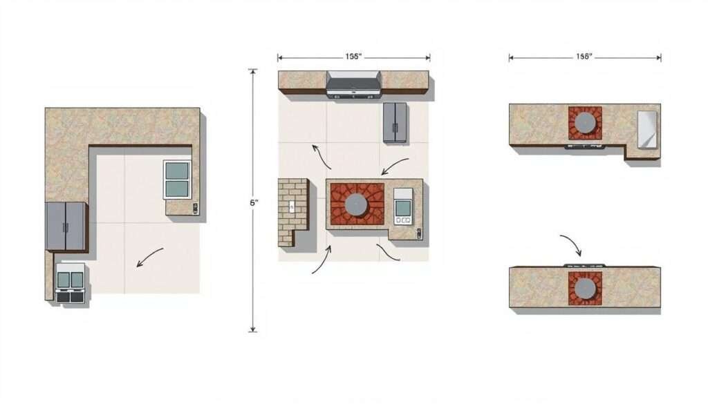 Three different outdoor kitchen layout designs with pizza ovens as focal points Three different outdoor kitchen layout designs with pizza ovens as focal points