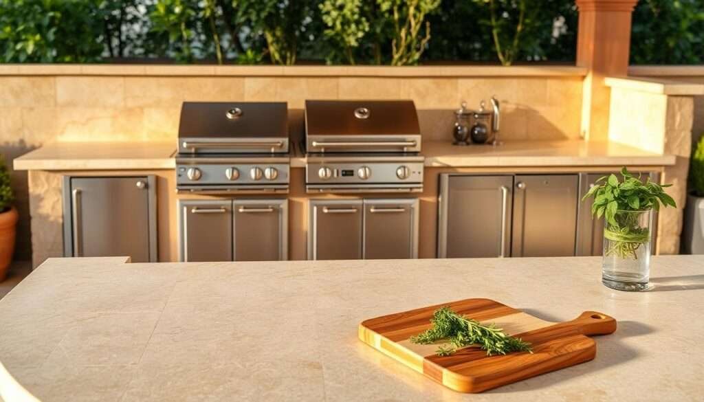 Travertine outdoor kitchen countertops, a stunning display of old-world elegance. The countertop surface is a warm, natural beige hue, with subtle veining patterns that add depth and character. The edges are gently curved, creating a seamless, high-end look. The countertop is set against a backdrop of a well-appointed outdoor kitchen, with stainless steel appliances and a sleek, contemporary design. The lighting is soft and natural, casting a warm glow over the space and highlighting the unique texture of the travertine. In the foreground, a few carefully placed kitchen accessories, such as a cutting board and a vase of fresh herbs, complement the overall aesthetic. The overall scene evokes a sense of timeless sophistication and invites the viewer to imagine preparing a delectable meal in this picturesque outdoor oasis.