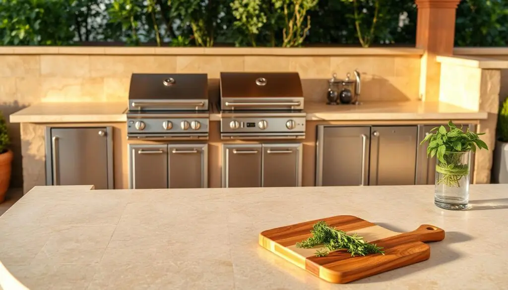 Travertine outdoor kitchen countertops, a stunning display of old-world elegance. The countertop surface is a warm, natural beige hue, with subtle veining patterns that add depth and character. The edges are gently curved, creating a seamless, high-end look. The countertop is set against a backdrop of a well-appointed outdoor kitchen, with stainless steel appliances and a sleek, contemporary design. The lighting is soft and natural, casting a warm glow over the space and highlighting the unique texture of the travertine. In the foreground, a few carefully placed kitchen accessories, such as a cutting board and a vase of fresh herbs, complement the overall aesthetic. The overall scene evokes a sense of timeless sophistication and invites the viewer to imagine preparing a delectable meal in this picturesque outdoor oasis.