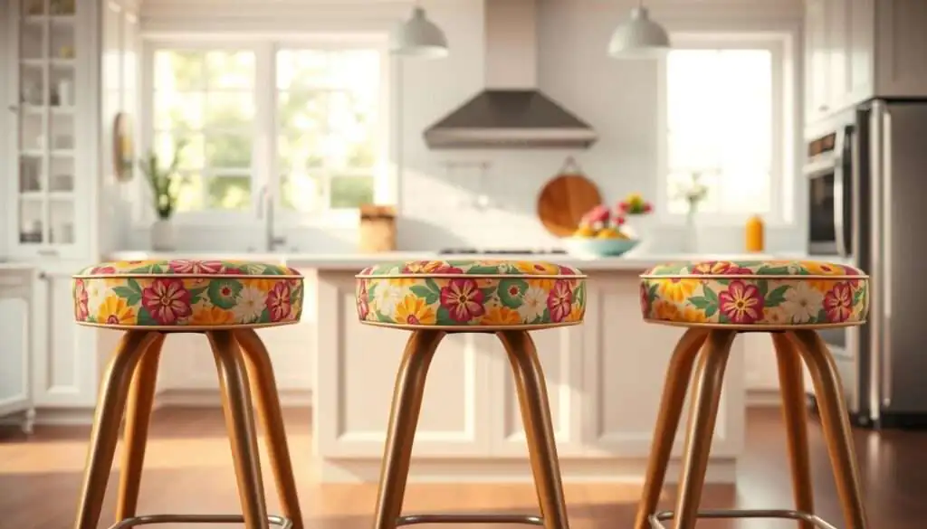Trendy kitchen stools with a vibrant floral pattern in the foreground, set against a warm, inviting kitchen scene. The stools have a modern, mid-century inspired design with sleek, curved legs and a padded seat. The pattern features a mix of bold colors, including shades of pink, yellow, and green, creating a playful and eye-catching focal point. The kitchen in the background is well-lit, with natural light streaming in through large windows, illuminating the clean, white cabinetry and countertops. The overall atmosphere is one of a stylish, yet comfortable and welcoming space, perfect for gathering around the kitchen island. Rendered with a high level of detail and a cinematic, slightly soft focus lens.