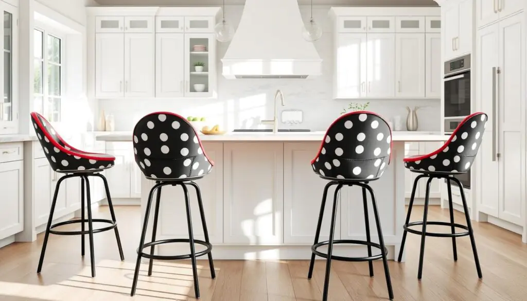 Trendy polka dot kitchen stools with curved seats and backrest, modern metal frame in satin black finish, placed in an airy, sun-drenched kitchen with white shaker cabinets, marble countertops, and a large farmhouse sink. Soft, natural lighting casts gentle shadows, creating a playful, inviting atmosphere. The stools are positioned around a sleek, minimalist kitchen island, showcasing their stylish design and vibrant, whimsical pattern. The overall scene exudes a sense of contemporary sophistication with a touch of playful charm.