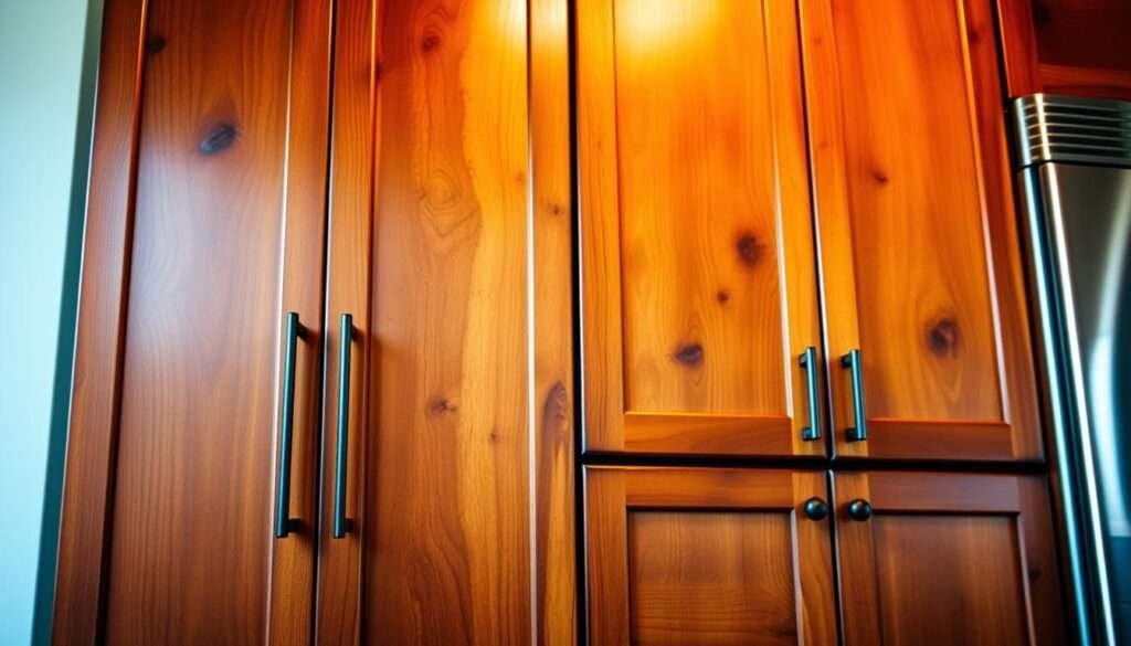 Vibrant stained wood kitchen cabinets with a rustic, nature-inspired aesthetic. Warm honey and rich chocolate tones create a striking contrast, accented by vivid green, red, and blue hues that dance across the grain. Soft, diffused lighting casts a cozy glow, highlighting the natural wood texture and intricate details. Captured from a low angle, the cabinets fill the frame, exuding a sense of warmth and inviting charm. A harmonious blend of earthy tones and bold, saturated colors that breathe life into the kitchen space.
