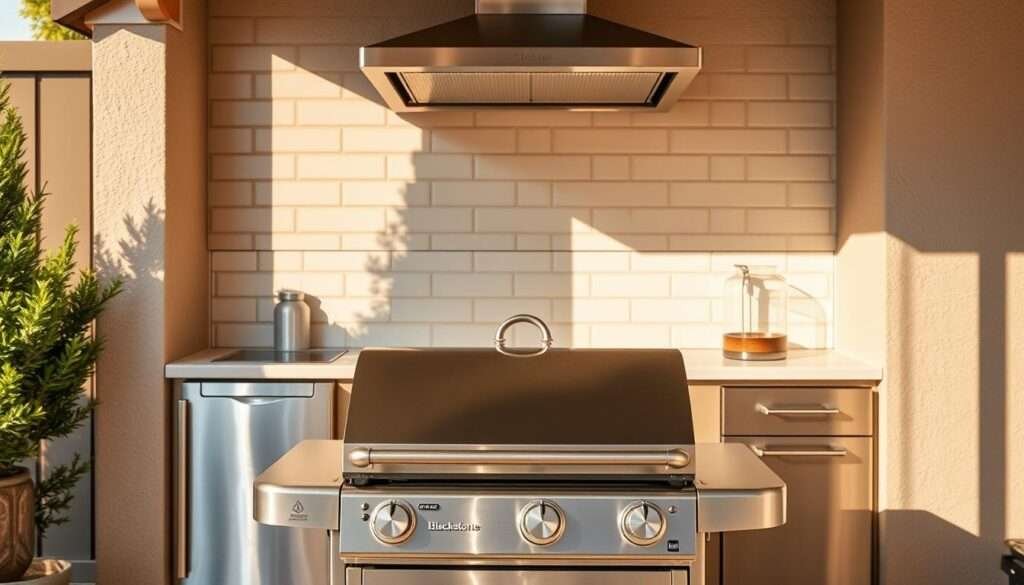 a compact, well-organized Blackstone outdoor kitchen designed for small backyard spaces. in the foreground, a sleek and modern Blackstone griddle with stainless steel accents rests on a sturdy, compact stainless steel frame. behind it, a small stainless steel side table provides additional prep space. the backsplash features a clean, minimalist design with subway tiles in a neutral color palette. overhead, a small, modern stainless steel vent hood captures smoke and odors. the kitchen is bathed in warm, natural lighting, creating a cozy and inviting atmosphere. the entire setup is compact and efficient, perfect for homeowners with limited outdoor space who still want to enjoy the benefits of a Blackstone griddle.