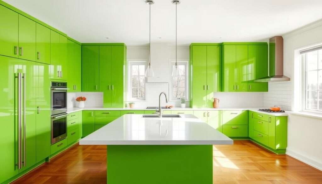 a large, bright and airy kitchen with eclectic acid green cabinets that extend to the ceiling, creating a bold and unexpected focal point. the cabinets have a sleek, glossy finish that reflects the soft, even lighting filling the space. the countertops are a crisp white quartz, complementing the green cabinetry. the backsplash is a neutral subway tile, allowing the green cabinets to truly shine. the room has large windows that flood the space with natural light, giving it an open and inviting atmosphere. the floors are a warm-toned hardwood, adding depth and contrast to the overall design. the kitchen is outfitted with stainless steel appliances and minimalist hardware, maintaining a clean and contemporary aesthetic.
