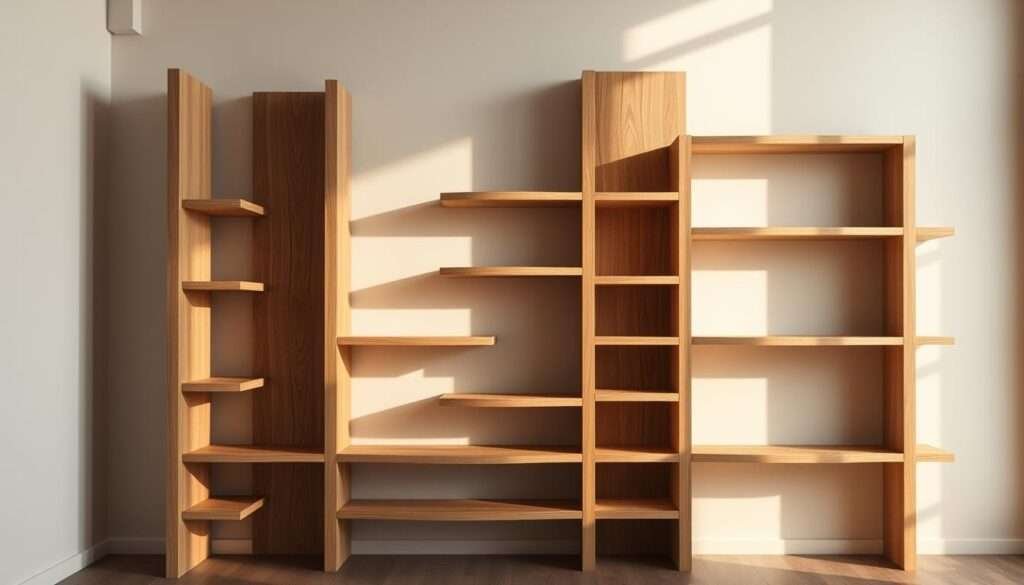 a room interior with tall, thick, organic wood shelving units made from matte, natural wood planks in a bauhaus-inspired design with clean lines and geometric shapes. the shelves are arranged in a minimalist, asymmetrical pattern against a plain, light-colored wall. the lighting is soft and natural, casting warm, gentle shadows. the overall aesthetic is modern, earthy, and visually interesting, with the wood's texture and grain visible. the shelves are empty, allowing the focus to be on the design itself.