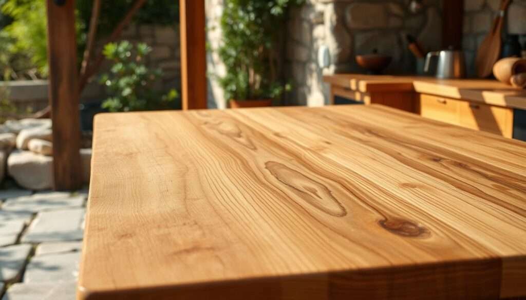 a rustic outdoor kitchen countertop made of sturdy, natural butcher block wood, with a warm, honey-toned finish that complements the earthy, weathered surroundings. the countertop is set against a backdrop of lush greenery and sun-dappled stone, creating a welcoming, inviting atmosphere. the surface is smooth and slightly distressed, with visible wood grain patterns that add character. the lighting is soft and natural, casting gentle shadows and highlights across the textured surface. the angles showcase the depth and tactile quality of the butcher block, making it the focal point of this serene, countryside kitchen scene.