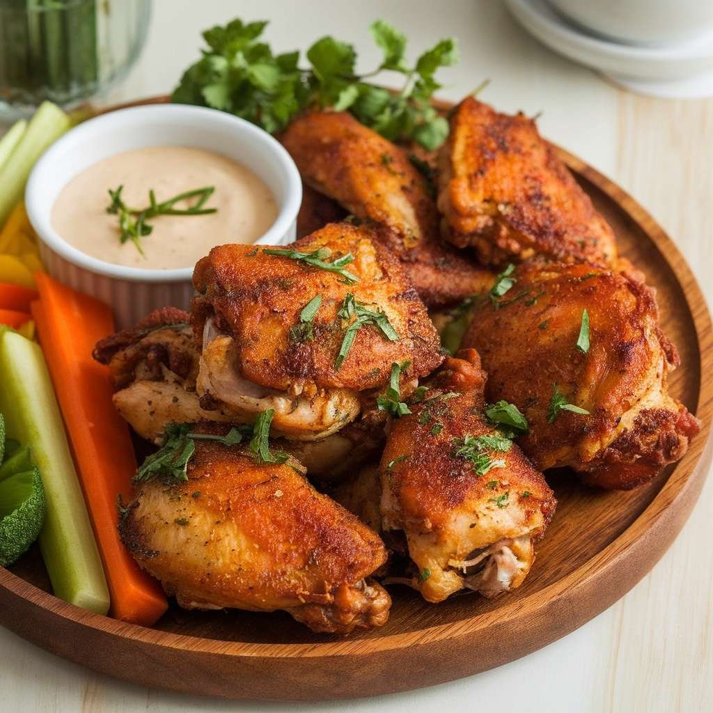 Air fried chicken thighs and wings served with vegetables and dipping sauce.