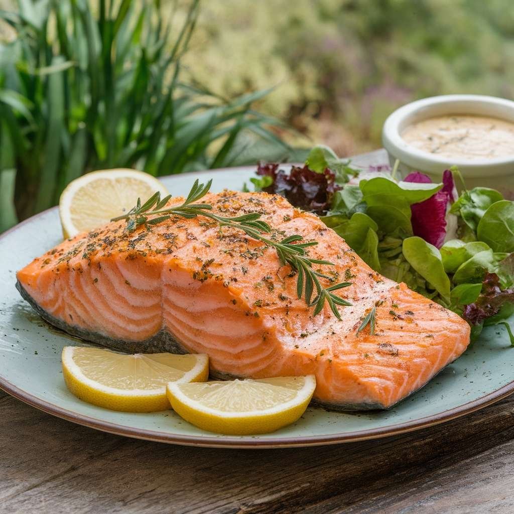 Air fryer salmon with lemon and fresh herbs